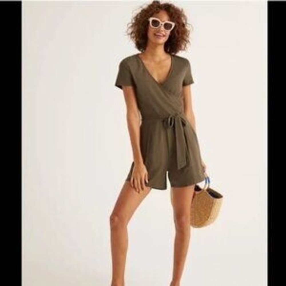 Boden Wrap Front Romper Womens 2R Olive Brown Cotton Modal Tie Waist J0406